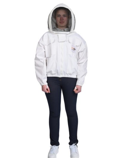 white cotton jacket plastic zip